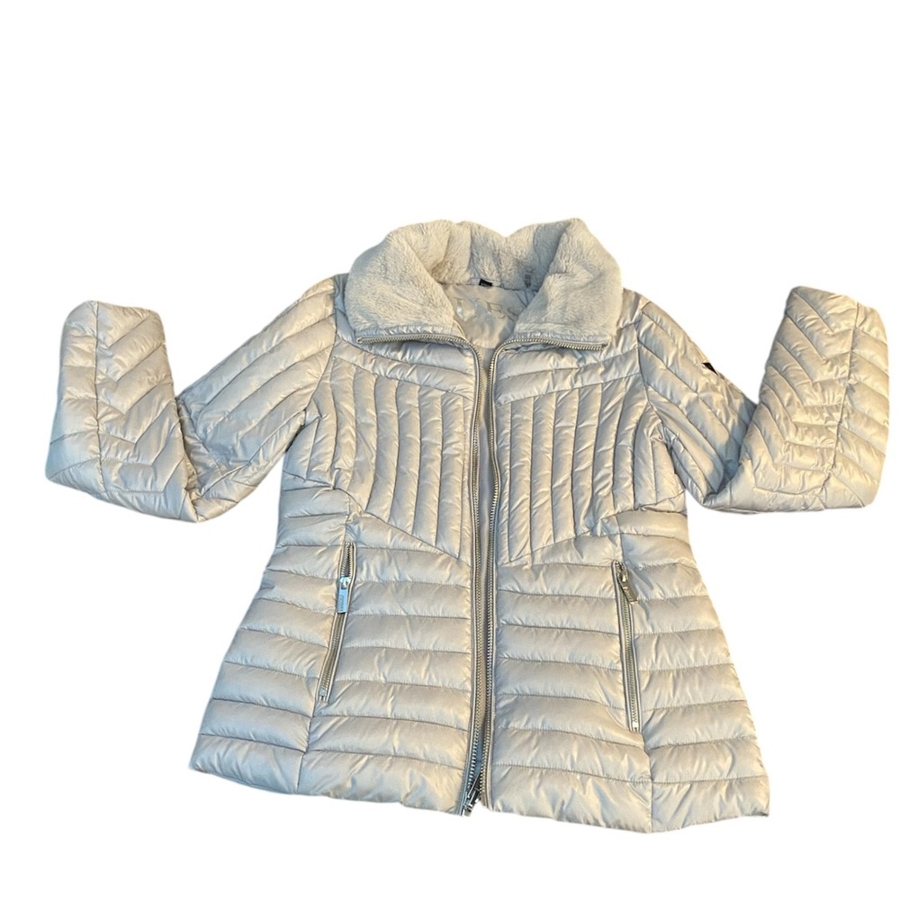 Guess Quilted Puffer Silver Jacket Fur Lined
